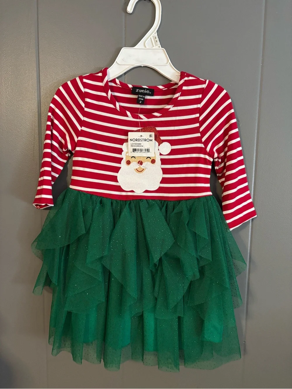 Zunie Red White Striped Top with Green Tulle Skirt Kids Dress